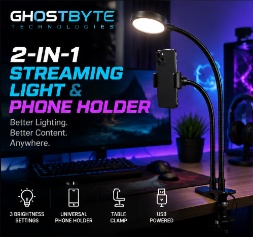 2-in-1 LED Streaming Light & Phone Holder – Adjustable Desk Mount Kit